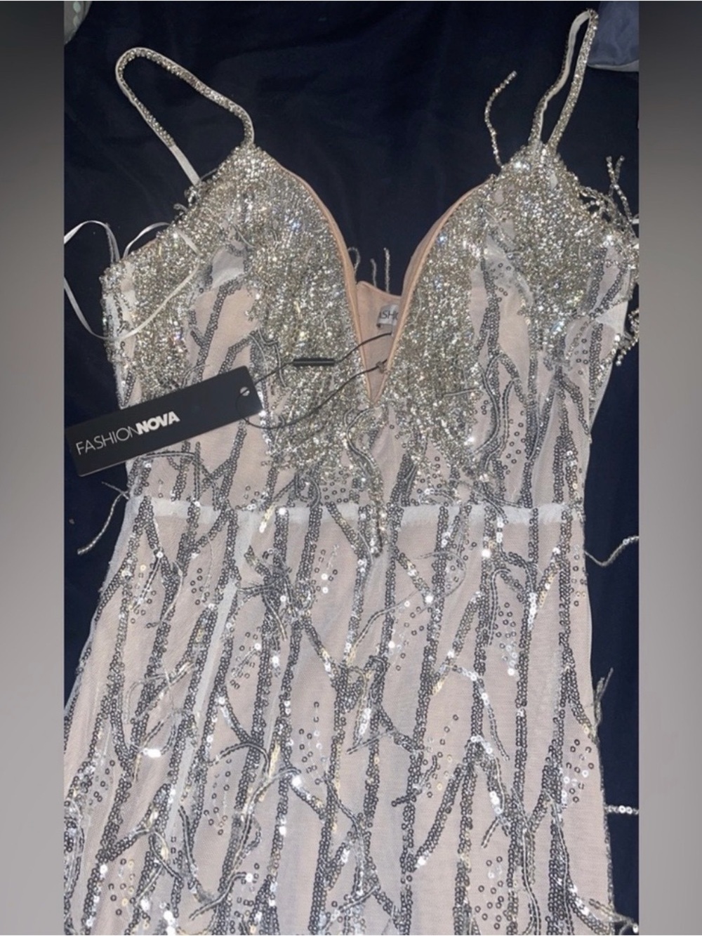 Fashion Nova Champagne Sequin Strapless Evening Dress